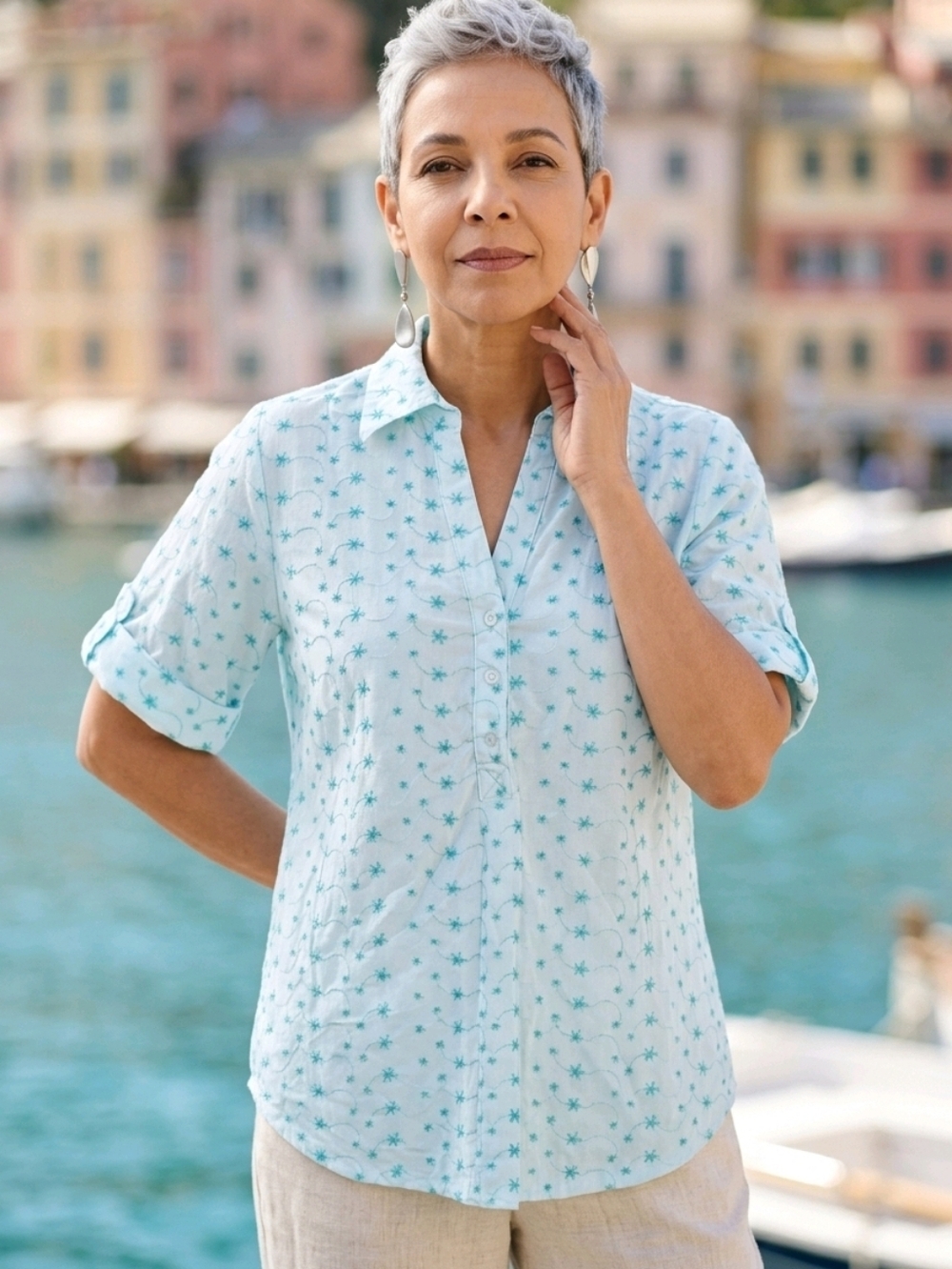 NWT Cathy Daniels Button-Down Shirt with Teal Star Embroidered Print